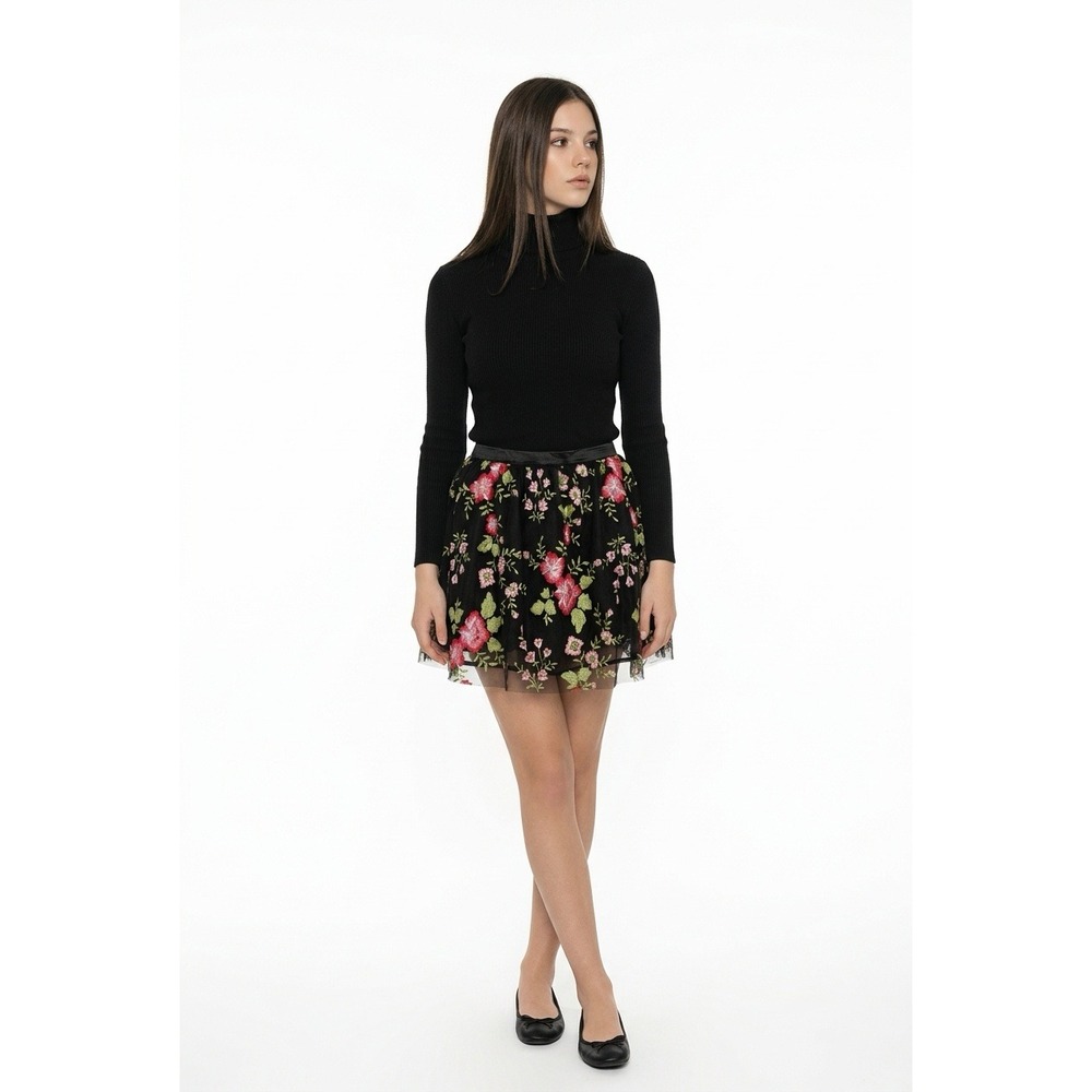 Windsor Woman Pink Floral Embroidered Tulle Mini Skirt Sz 9 Black Mesh Fairycore